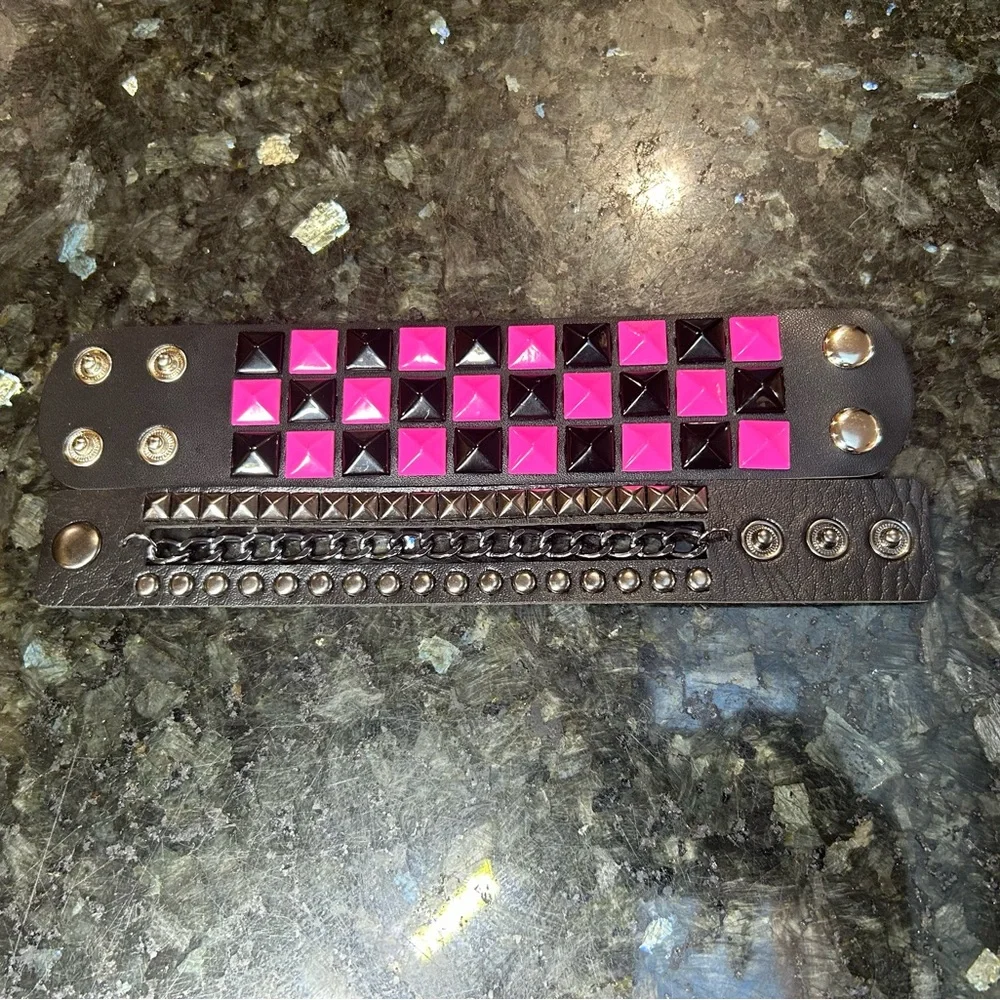 My Valentines Pack 2 PCs Pink and Black faux leather Gothic studded Chain Punk - Picture 7 of 8